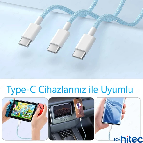 ScHitec 240W 3Metre Type-C to Type-C Örgülü Hızlı Data ve Şarj Kablosu Beyaz TC35 - Resim 5