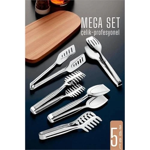 CEYLAN ADAM  Mutfak Maşa Seti - Makarna Pasta Salata Çok Amaçlı Maşa 5 li SET 304 Paslanmaz Çelik ürün görseli 1