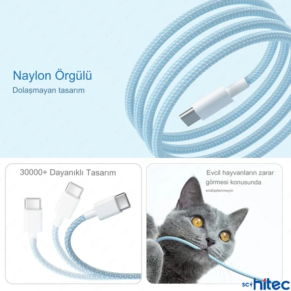 ScHitec 240W 3Metre Type-C to Type-C Örgülü Hızlı Data ve Şarj Kablosu Beyaz TC35 - Resim 6
