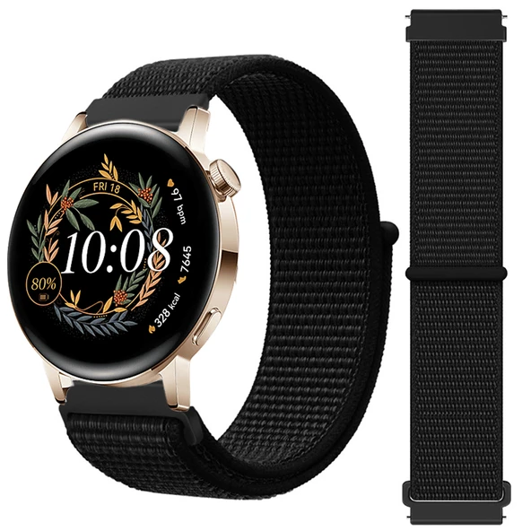 Huawei Watch GT3 42mm GT2 42mm İle Uyumlu Ayarlanabilir Cırt Cırtlı Yumuşak Spor Kumaş Örgü Kordon  Siyah ürün görseli