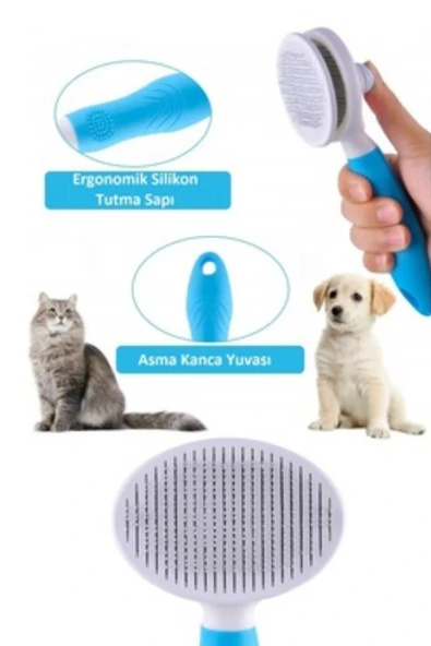 Özel Üretim Mavi Kendini Temizleyen Otomatik Tuşlu Evcil Hayvan Pet Tüy Toplayıcı Kedi Köpek Tarağı - 3