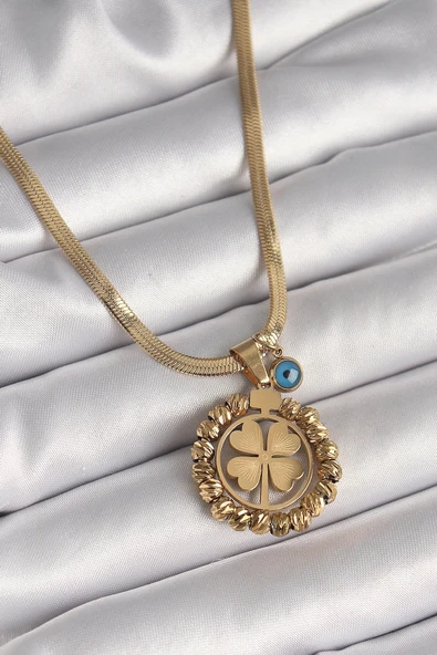 CEYLAN ADAM 316L Çelik Gold Renk İtalyan Zincir Dorika Yonca Model Nazar Boncuk Detay Kadın Kolye ürün görseli