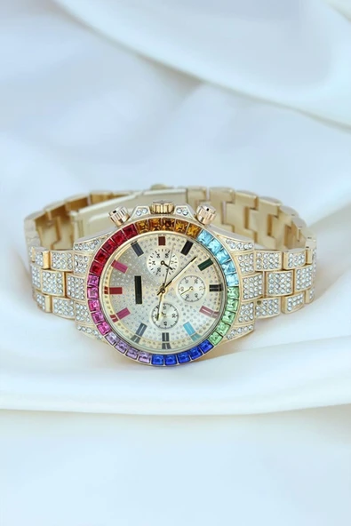 Clariss Trend Gold Metal Kordonlu Zirkon Taş Kaplama Renkli Taşlı Kasa Tasarımlı Lüx Kadın Kol Saati - Resim 7