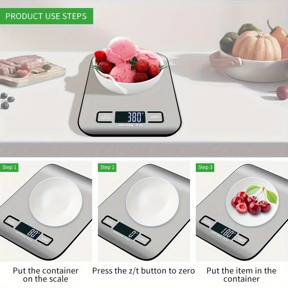 Dijital Mutfak Terazisi Paslanmaz Çelik Elektronik Lcd Ağırlık 5 Kg Ölçeklii Pişirme Ölçü Aleti - 8