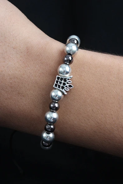 CEYLAN ADAM Doğal Taş Kral Tacı Model Gümüş Ve Füme Renk Asansörlü Erkek Bileklik