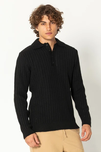 Erkek Şık Polo Yaka Kaşmir Dokulu Düğmeli Triko Kazak - 4