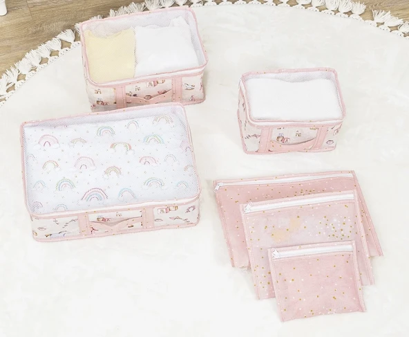 Baby 6'lı Desenli Fileli Bavul Valiz İçi Düzenleyici Çok Amaçlı Organizer (pembe) ürün görseli