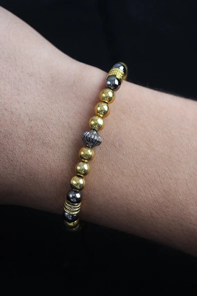 CEYLAN ADAM Doğal Taş Çember Model Gold Ve Füme Renk Asansörlü Erkek Bileklik