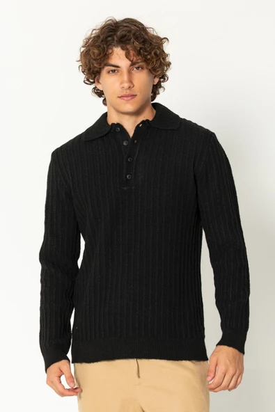 Erkek Şık Polo Yaka Kaşmir Dokulu Düğmeli Triko Kazak