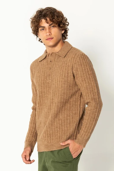 Erkek Şık Polo Yaka Kaşmir Dokulu Düğmeli Triko Kazak - 11