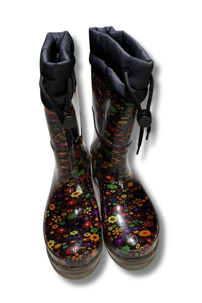 Konçlu Peluşlu Kadın Yağmur Çizmesi 36-40 Sarı Çiçekli - 2