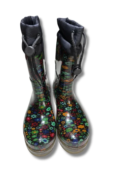 Konçlu Peluşlu Kadın Yağmur Çizmesi 36-40 Yeşil Çiçekli - 2