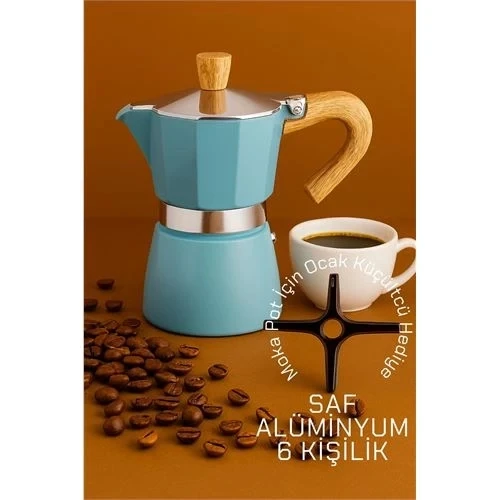 CEYLAN ADAM  Italyan Moka Pot - 6061 Saf Alüminyum  Ahşap Saplı - 6 kişilik MAVİ ürün görseli 1