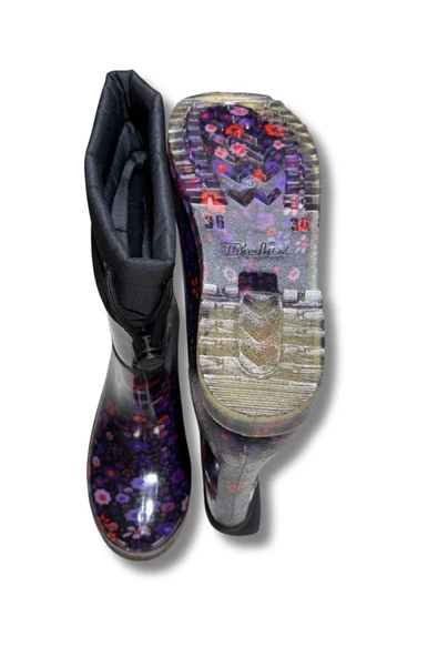 Konçlu Peluşlu Kadın Yağmur Çizmesi 36-40 Mürdüm Çiçekli - Resim 6