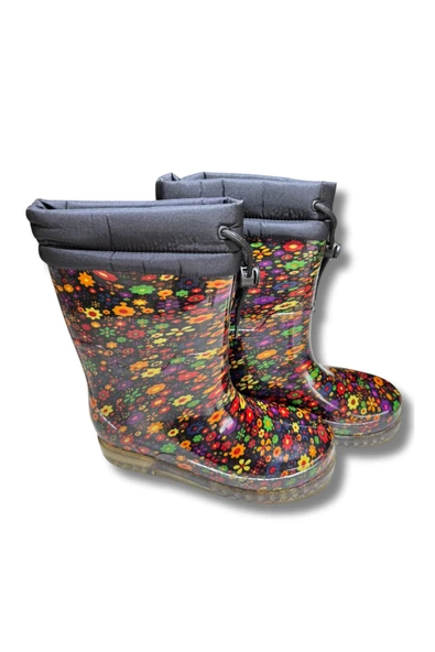 Konçlu Peluşlu Kadın Yağmur Çizmesi 36-40 Sarı Çiçekli - 3