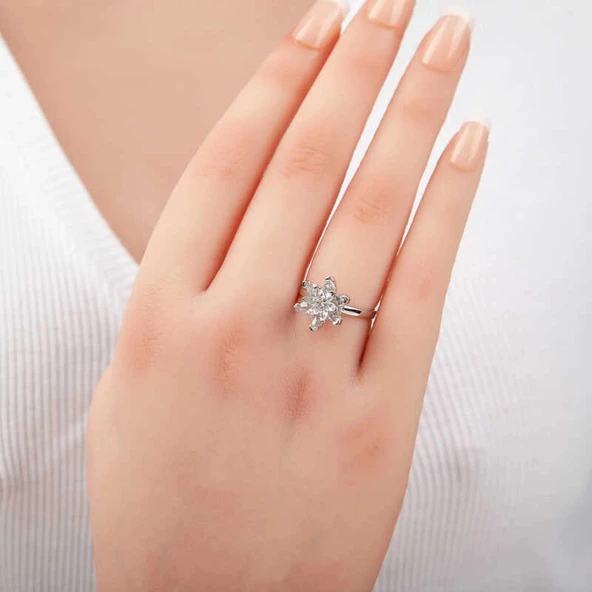 Gümüş Beyaz Taşlı Lotus Çiçeği Kadın Yüzük - Resim 2