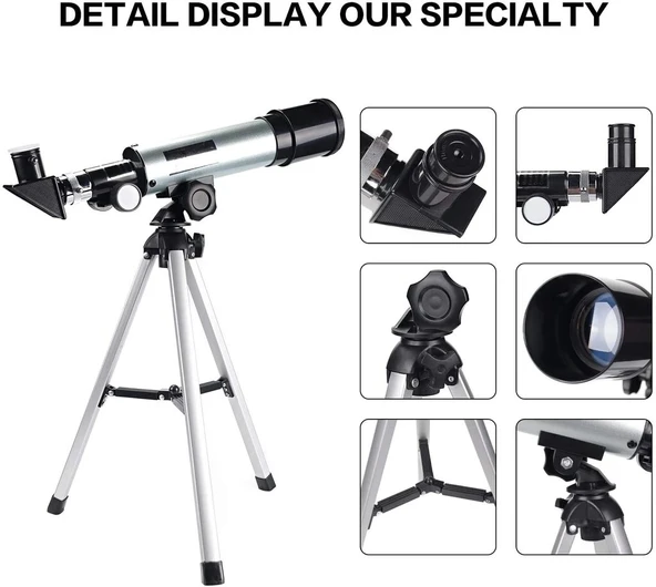 50x360 Mini Teleskop Kara Uzay Teleskobu Aliminyum Gövde Tripodlu - Resim 2