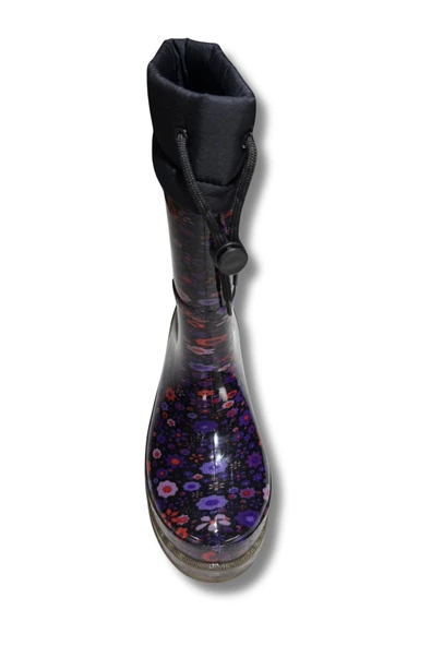 Konçlu Peluşlu Kadın Yağmur Çizmesi 36-40 Mürdüm Çiçekli - Resim 5