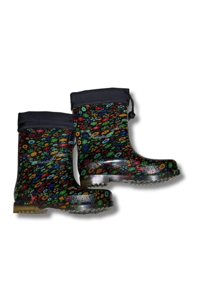 Konçlu Peluşlu Kadın Yağmur Çizmesi 36-40 Yeşil Çiçekli - 4