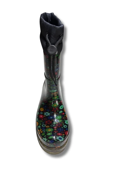 Konçlu Peluşlu Kadın Yağmur Çizmesi 36-40 Yeşil Çiçekli - 5