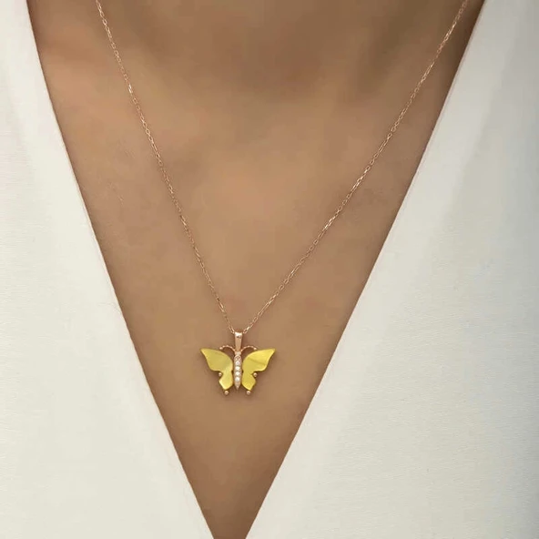 Supertrend Gümüş Rose Sarı Kaplangözü Taşlı Kelebek Kolye - 3