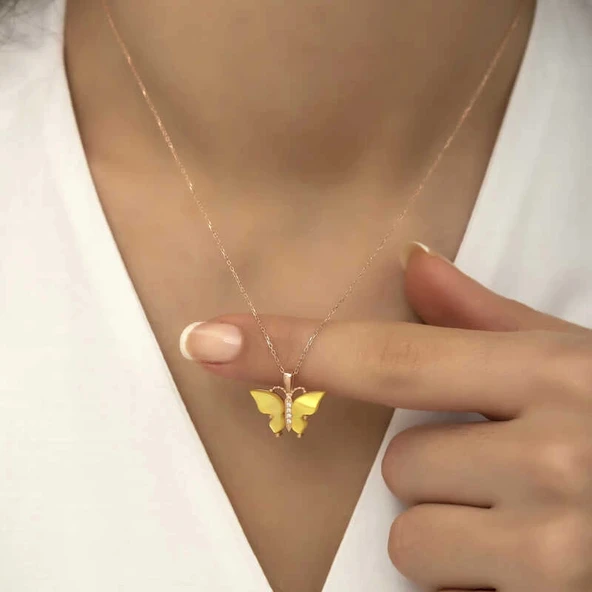Supertrend Gümüş Rose Sarı Kaplangözü Taşlı Kelebek Kolye - 5