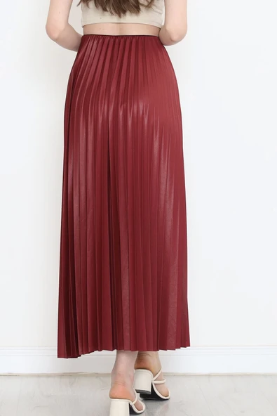 Zarif Ve Modern Pileli Parlak Krep Gizli Lastikli Bordo Etek - 7