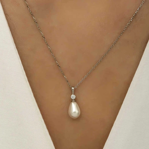 Supertrend Gümüş Damla İnci Bayan Kolye - Resim 3