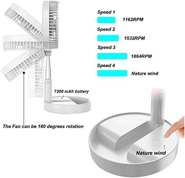 Teleskopik Fan Vantilatör 4 Modlu Şarjlı Katlanabilir Yükseltilebilir Taşınabilir Serinletici Portatif Masa Vantilatörü - Resim 5