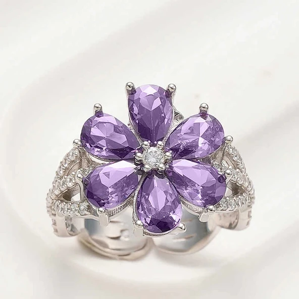 Gümüş Mor Sevgi Çiçeği Kadın Yüzük ürün görseli 1