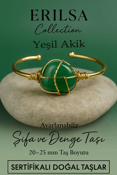 Sertifikalı Doğal Yeşil Akik Taşı Ayarlanabilir 24K Altın Kaplama Bileklik 20-25 mm ürün görseli