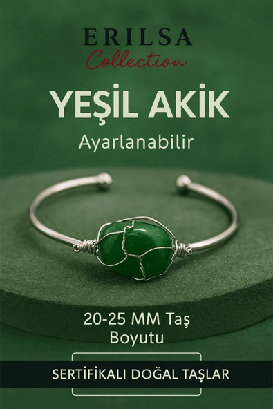 Sertifikalı Doğal Yeşil Akik Taşı Gümüş Kaplama Ayarlanabilir Bileklik – Şifa ve Huzur Taşı ürün görseli