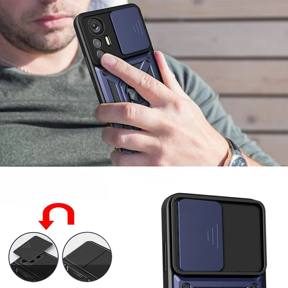 Zore Xiaomi ile uyumlu Mi 12 Lite Kılıf Magnetik Standlı Kamera Korumalı Sürgülü Vega Kapak - 6
