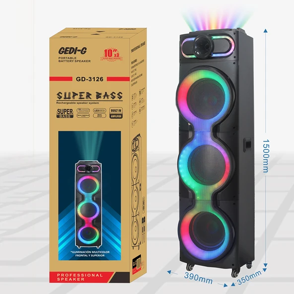 Zore GD-3126 Dijital LED Göstergeli Mikrofonlu RGB TWS Üçlü 10 inç Stereo Bass Kablosuz Karaoke Hoparlör - Resim 4