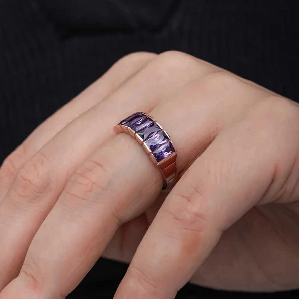 Gümüş Rose Baget  Ametist Taşlı Kadın Yüzük - Resim 5