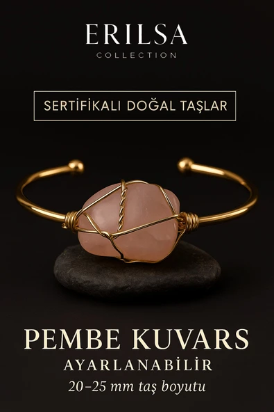 Sertifikalı Doğal Pembe Kuvars Taşı Ayarlanabilir 24K Altın Kaplama Bileklik – 20-25 mm ürün görseli