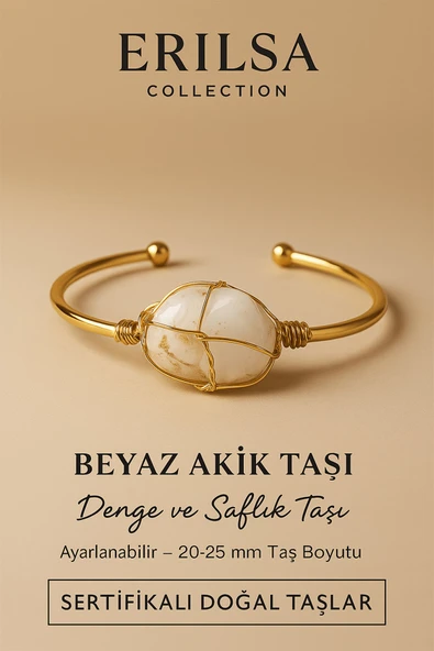 Sertifikalı Doğal Beyaz Akik Taşı Ayarlanabilir 24K Altın Kaplama Bileklik 20-25 mm ürün görseli