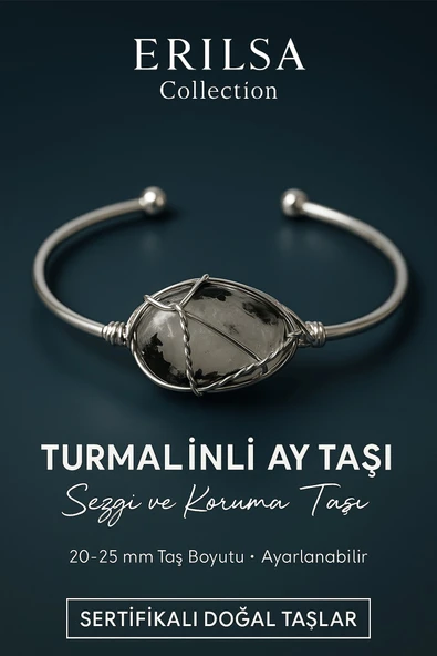 Sertifikalı Doğal Turmalinli Ay Taşı Gümüş Kaplama Ayarlanabilir Bileklik – Sezgi ve Denge ürün görseli