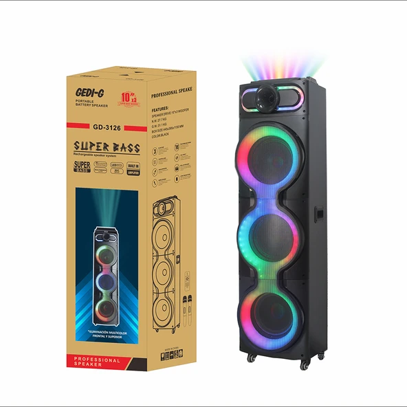 Zore GD-3126 Dijital LED Göstergeli Mikrofonlu RGB TWS Üçlü 10 inç Stereo Bass Kablosuz Karaoke Hoparlör - Resim 3