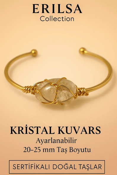 Sertifikalı Doğal Kristal Kuvars Taşı Ayarlanabilir 24K Altın Kaplama Bileklik 20-25 mm ürün görseli