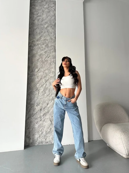 BİÇOMİ Baggy kar yıkama orta mavi jeans pantolon d2007 - Resim 2