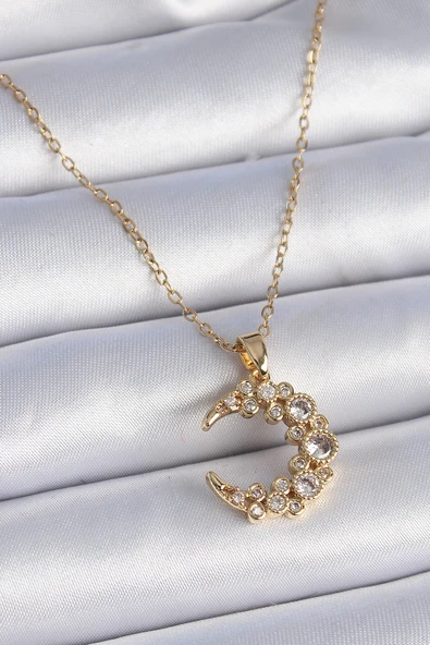 316L Çelik Zincir Gold Renk Zirkon Taşlı Hilal Model Kadın Kolye - 1