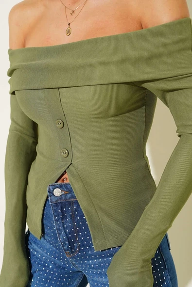 BİÇOMİ Madonna Yaka Düğmeli Bluz yeşil t4329 - Resim 4