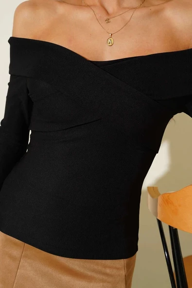 BİÇOMİ Madonna Çapraz Yaka Bluz Siyah t4331 - Resim 4