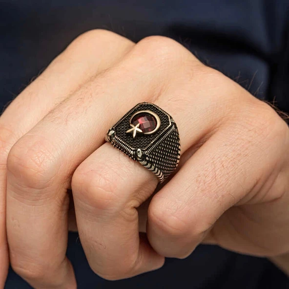 Gümüş Kırmızı Taşlı Ay Yıldız Erkek Yüzük - Resim 5