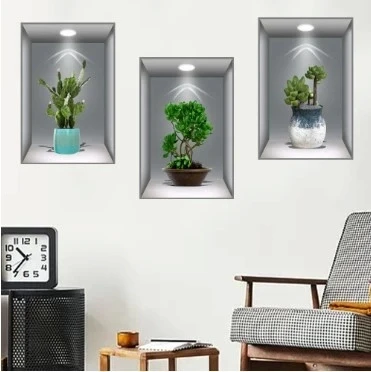 CEYLAN ADAM  3D Çiçek Vazo Duvar Sticker 3 lü Set GRİ Fon ürün görseli