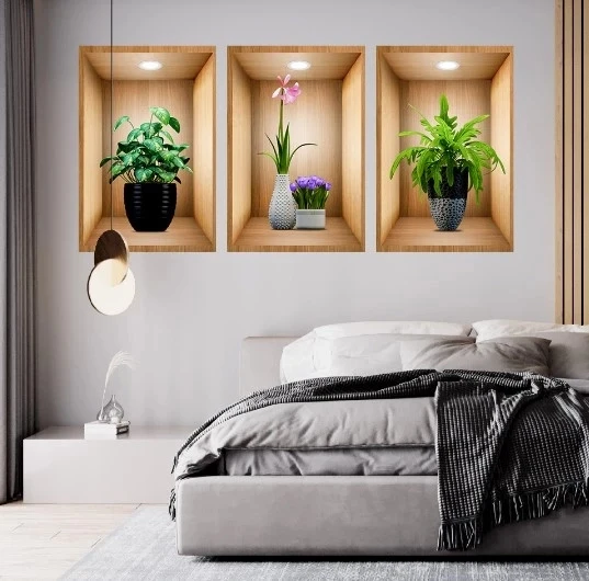 CEYLAN ADAM  3D Çiçek Vazo Duvar Sticker 3 lü Set Kahverengi Fon ürün görseli 1