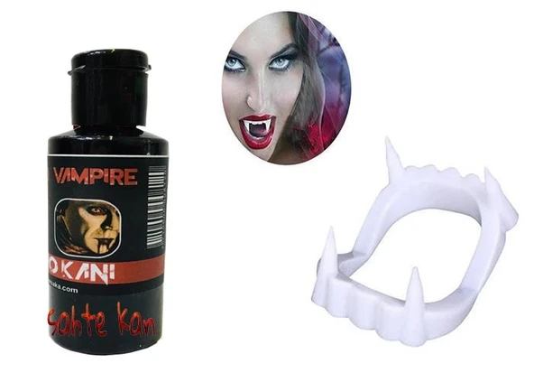 CEYLAN ADAM  Beyaz Renk Çift Damak Takma Vampir Dişi ve 50 gr Tiyatro Kanı ürün görseli 1