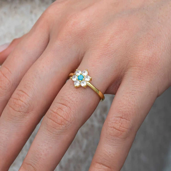 Gümüş Mavi Taşlı Gold Çiçek Kadın Yüzük - Resim 5