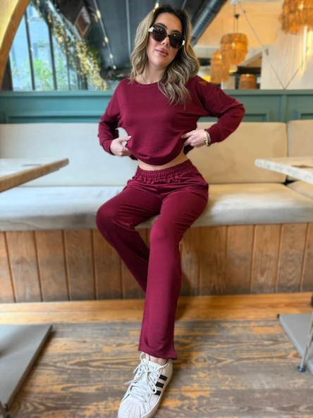 Kadın Uzun Kollu Bisiklet Yaka Viskon Iki Iplik Bluz Ve Pantolon Ikili Takım - 3